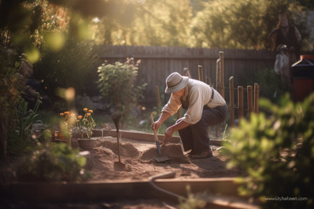 Male Hispanic elderly gardening in backyard plants Earthly. Generative AI AIG23.の素材