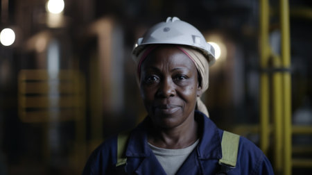 A smiling senior African female factory worker standing in oil refinery plant. Generative AI AIG19.の素材