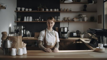 Smiling Caucasian female barista wearing apron standing in coffee shop looking at camera. Generative AI AIG21.の素材