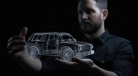 A man holding an animated model of an automobile in the style of holographic. Generative AI AIG21.の素材