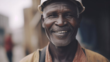 A smiling senior African male construction worker standing in construction site. Generative AI AIG19.の素材