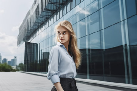 Young shy blonde girl in business attire, standing in front of modern office building. Generative AI AIG20.の素材