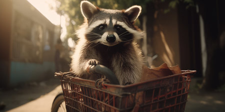 raccoon have fun bicycle ride on sunshine day in summer on town streetの素材