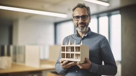 A male architect holding building model in office. Generative AI AIG21.の素材