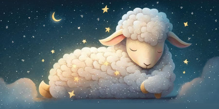 A cute and adorable lamb is sleeping under night sky between stars pillow. Generative AI AIG16.の素材