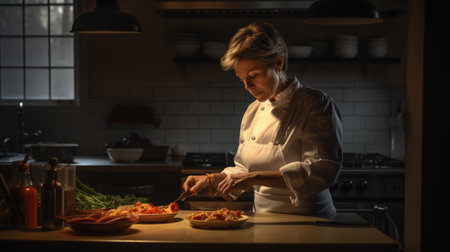 Chef Female Caucasian Middle-aged Preparing a dish in Kitchen. Generative AI AIG22.の素材