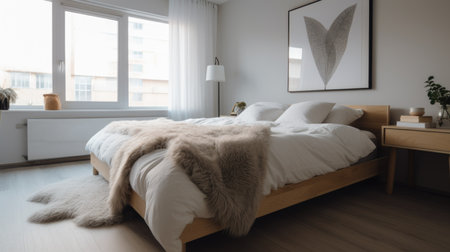 Interior design of Bedroom in Scandinavian style with Platform bed with white linens decorated with Faux fur throw, graphic pillows material. Modern architecture. Generative AI AIG24.の素材