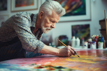 Male Caucasian senior painting art studio artist apron picture drawing. Generative AI AIG23.の素材