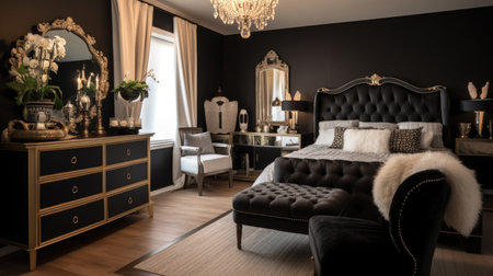 Bedroom decor, home interior design . Art Deco Glamorous style with Chandelier decorated with Gold and Velvet material . Generative AI AIG26.の素材