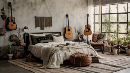 Bedroom decor, home interior design . Bohemian Industrial style with Wall Hanging decorated with Textile and Metal material . Generative AI AIG26.の素材