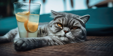 Cat is on summer vacation at seaside resort and relaxing rest on summer beach of Hawaii. distinct generative AI image.の素材