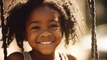Close up smiling face, young african american girl playing on a swing, happiness, childhood, freedom, vitality, outdoor fun, carefree, sunlight. Generative AI AIG20.の素材
