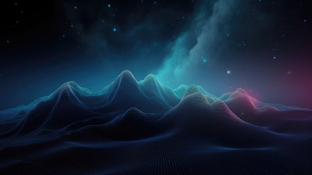 3D abstract mountain space background with wireframe landscape and galaxy nebula sky. Generative AI AIG21.の素材
