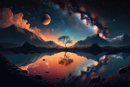 Landscape with galaxy background with fantasy night starry sky. distinct generative AI image.の素材