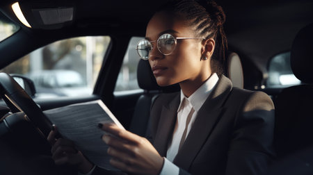 CEO Female African-American Young Adult Reviewing financial reports and charts on a tablet in a parked car. Generative AI AIG22.の素材