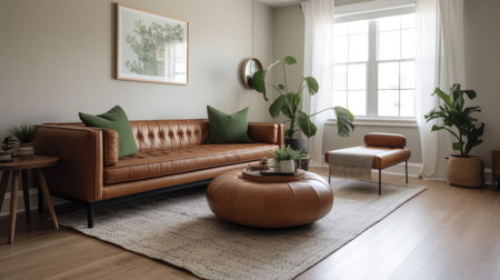 Living room decor, home interior design . Modern Minimalist style with Sofa decorated with Leather and Wood material . Generative AI AIG26.の素材