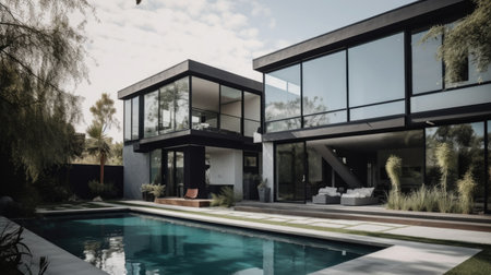 Home architecture design in Contemporary Style with Cantilevered constructed by Glass and Steel material. Contemporary architecture style. Generative AI AIG25 .の素材
