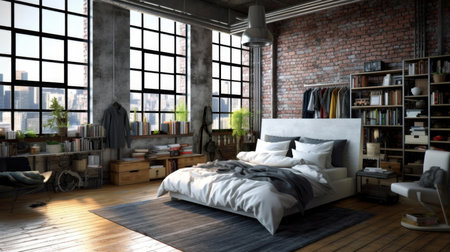 Foto de Bedroom decor, home interior design . Industrial Urban style with Exposed Brick Wall decorated with Concrete and Metal material . Generative AI AIG26. - Imagen libre de derechos