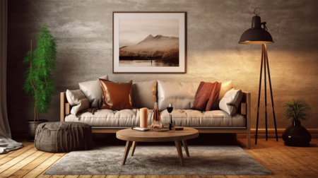 Living room decor, home interior design . Mid-Century Modern Scandinavian style with Fireplace decorated with Leather and Wood material . Generative AI AIG26.の素材