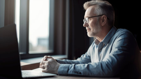 The mature businessman with the laptop sitting near the office window and admiring view from window. Generative AI AIG21.の素材