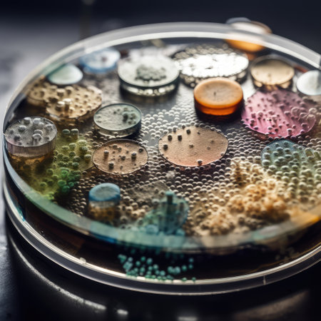 Close up of bacteria and virus cells in science laboratory sample dish for serumの素材