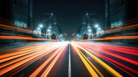 Blurred traffic light trails on road in symmetry. Generative AI AIG21.の素材