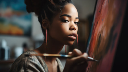 Artist Female African-American Young painting the canvas. Generative AI AIG22.の素材