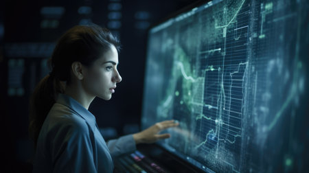 Aerospace Engineer Young Female Caucasian monitoring the screen. Generative AI AIG22.の素材