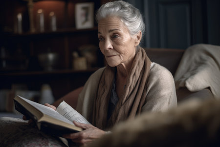 Female Caucasian elderly reading books in living room casual relaxing. Generative AI AIG23.の素材