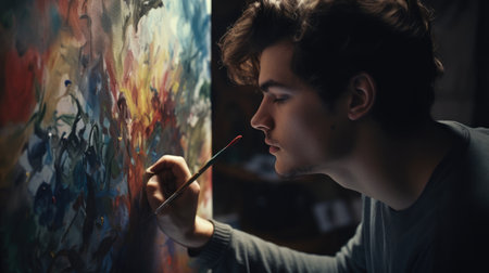 Artist Male Caucasian Young painting the canvas. Generative AI AIG22.の素材