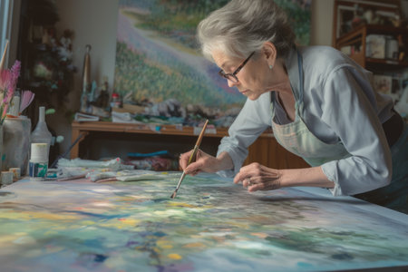 Female Caucasian senior painting art studio artist apron picture drawing. Generative AI AIG23.の素材