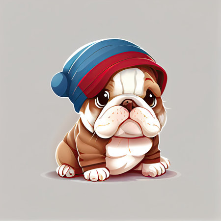 Cute bulldog comic wearing a beanie with sweater and hut. Concept of dog profile with isolated background. Designed by hip hop costume. Glorious generative AI.の素材