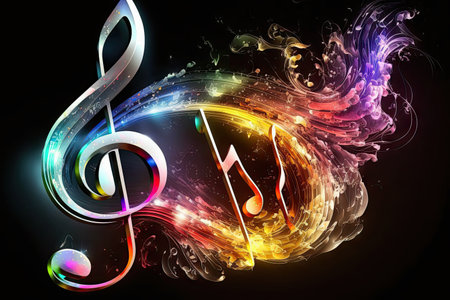 Musical notes flowing in many waves brilliant colors glowing. Generative AI AIG15.の素材