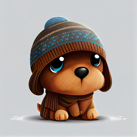 Cute puddle comic wearing a beanie with sweater and hut. Concept of dog profile with isolated background. Designed by hip hop costume. Glorious generative AI.の素材