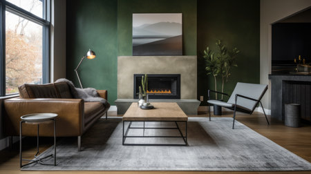 Living room decor, home interior design . Modern Industrial style with Fireplace decorated with Concrete and Wood material . Generative AI AIG26.の素材
