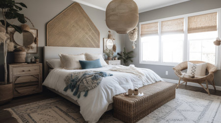Bedroom decor, home interior design . Coastal Bohemian style with Bed decorated with Rattan and Linen material . Generative AI AIG26.の素材