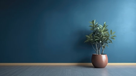 The indoor potted plants decoration in modern room with a wooden floor and blue wall. Generative AI AIG21.の素材