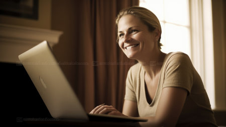 Woman smiling at a laptop computer in a warm-toned living room. generative AI AIG21.の素材