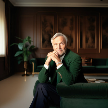 Ambitious rich mature man looking at camera inside his house with brown and green interior. Generative AI AIG20.の素材