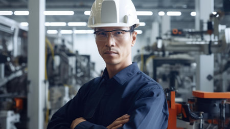 40s engineer, wearing safety uniform, standing in blur background of smart factory with robotic arms. Generative AI AIG20.の素材