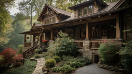 Home architecture design in Craftsman Style with Front porch constructed by Wood and Stone material. American Craftsman style. Generative AI AIG25 .の素材