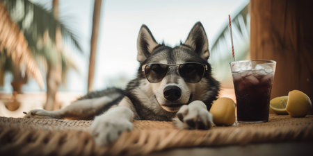 wolf is on summer vacation at seaside resort and relaxing on summer beachの素材