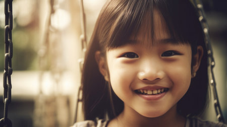 Close up smiling face, young asian girl playing on a swing, happiness, childhood, freedom, vitality, outdoor fun, carefree, sunlight. Generative AI AIG20.の素材