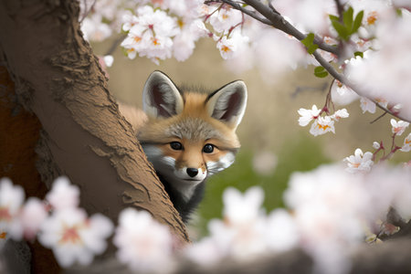 Close look of baby fox under cherry blossom tree. distinct generative AI image.の素材