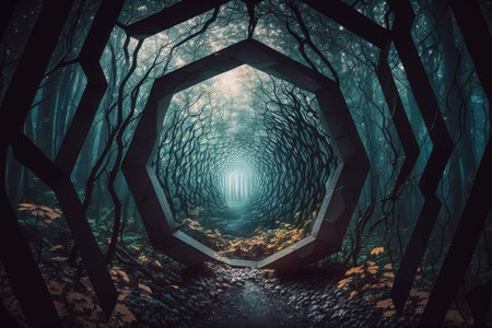 The hidden hexagon tunnel of the mysterious forest. distinct generative AI image.の素材
