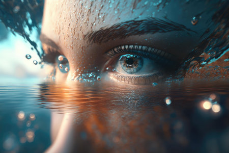 Close up woman eyes at the water surface. superlative generative AI image.の素材