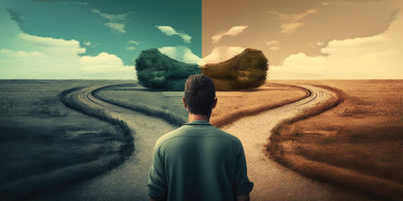 Man at two roads deciding for best chance of environment protection. superlative generative AI image.の素材