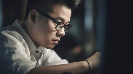 Software Engineer Male Asian Young Adult Typing on laptop in Office. Generative AI AIG22.の素材