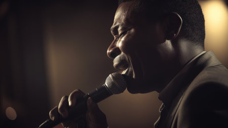 Jazz Singer Male African-American Middle-Aged Performing live music for an audience, singing jazz standards in Jazz club. Generative AI AIG22.の素材