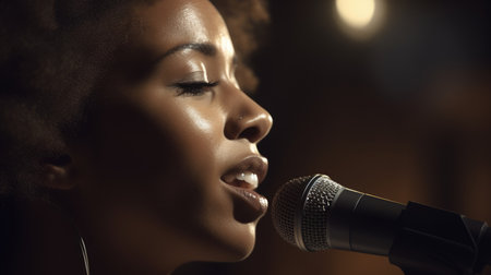 Singer Female African-American Young Adult Performing on stage, singing into a microphone in Concert venue. Generative AI AIG22.の素材